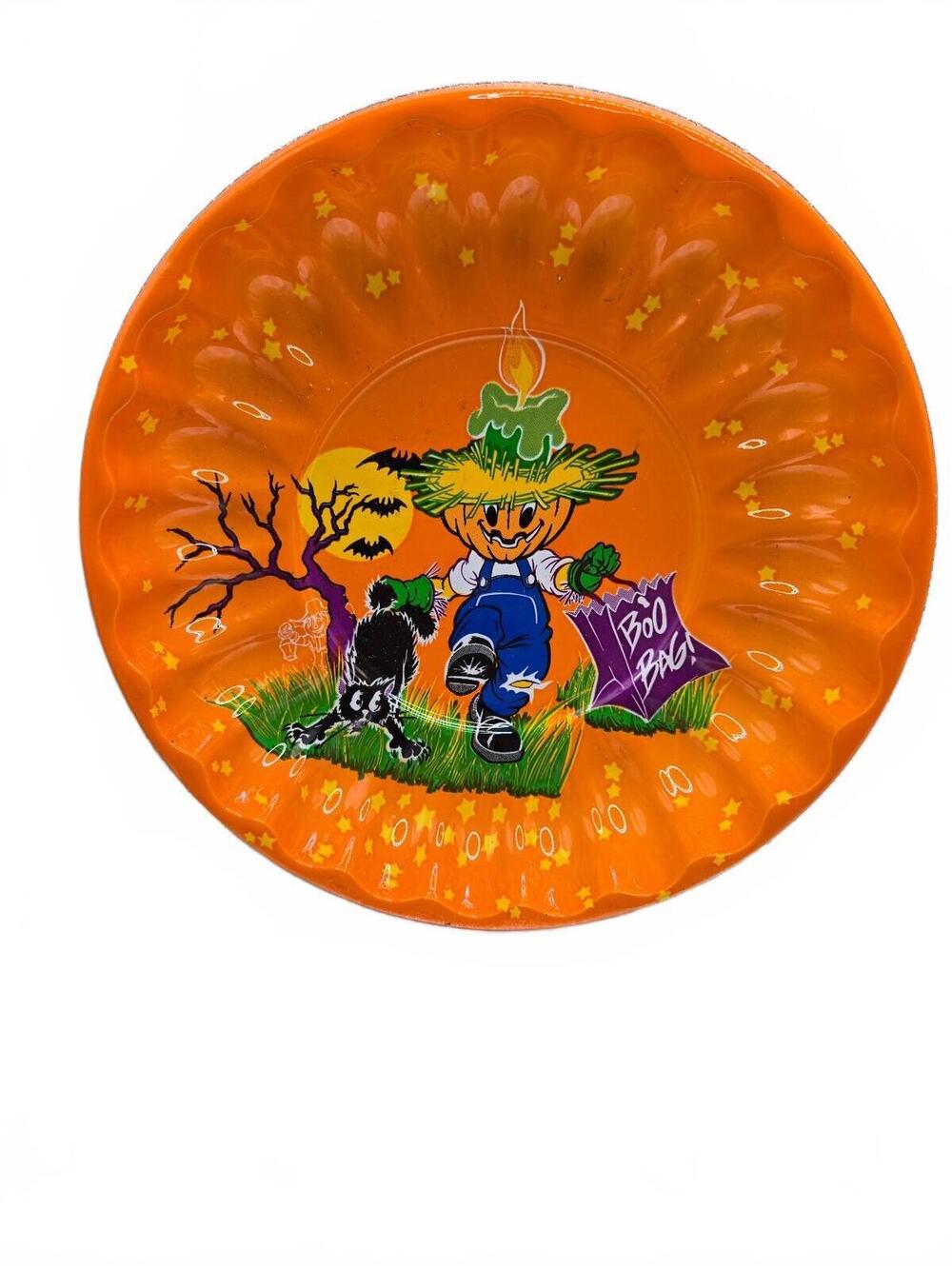 Vtg 90s Kmart Berman Halloween Plastic Treat Plate Orange Scarecrow Cat Boo Boo
